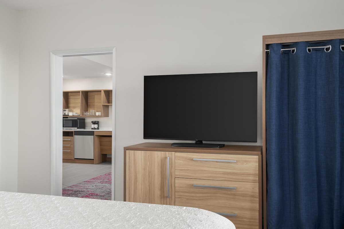 A bedroom with a bed, a TV on a wooden cabinet, a bathroom with a shower curtain, and a kitchen area visible through an open door.