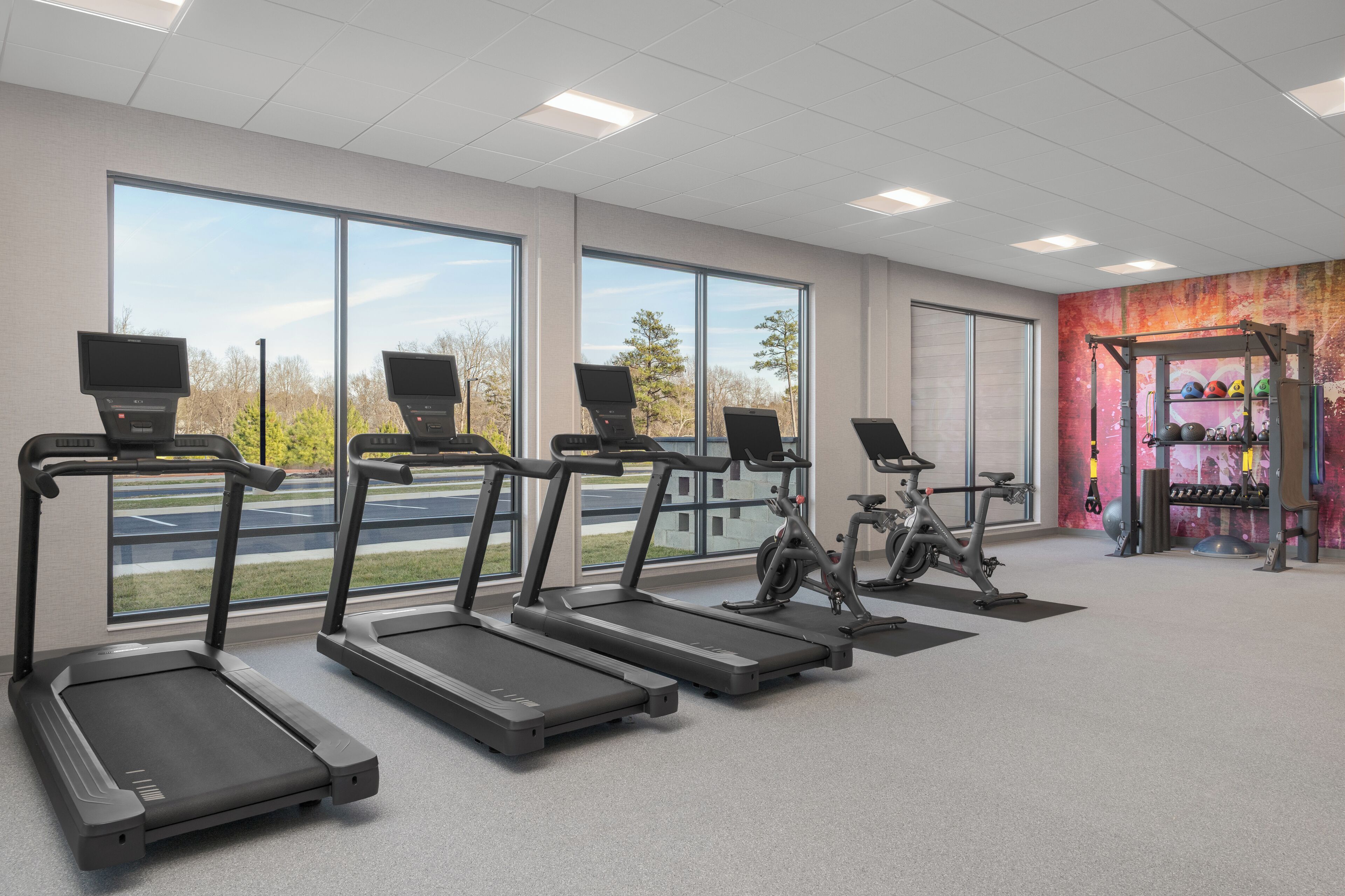 A gym with treadmills, an exercise bike, and a weight rack.