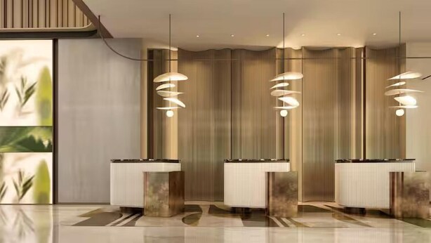 A modern lobby with three pendant lights, a reception desk, and a large wall with vertical lines. - Hilton Garden Inn Shenzhen Pingshan Chaoshang Plaza (Shenzhen)