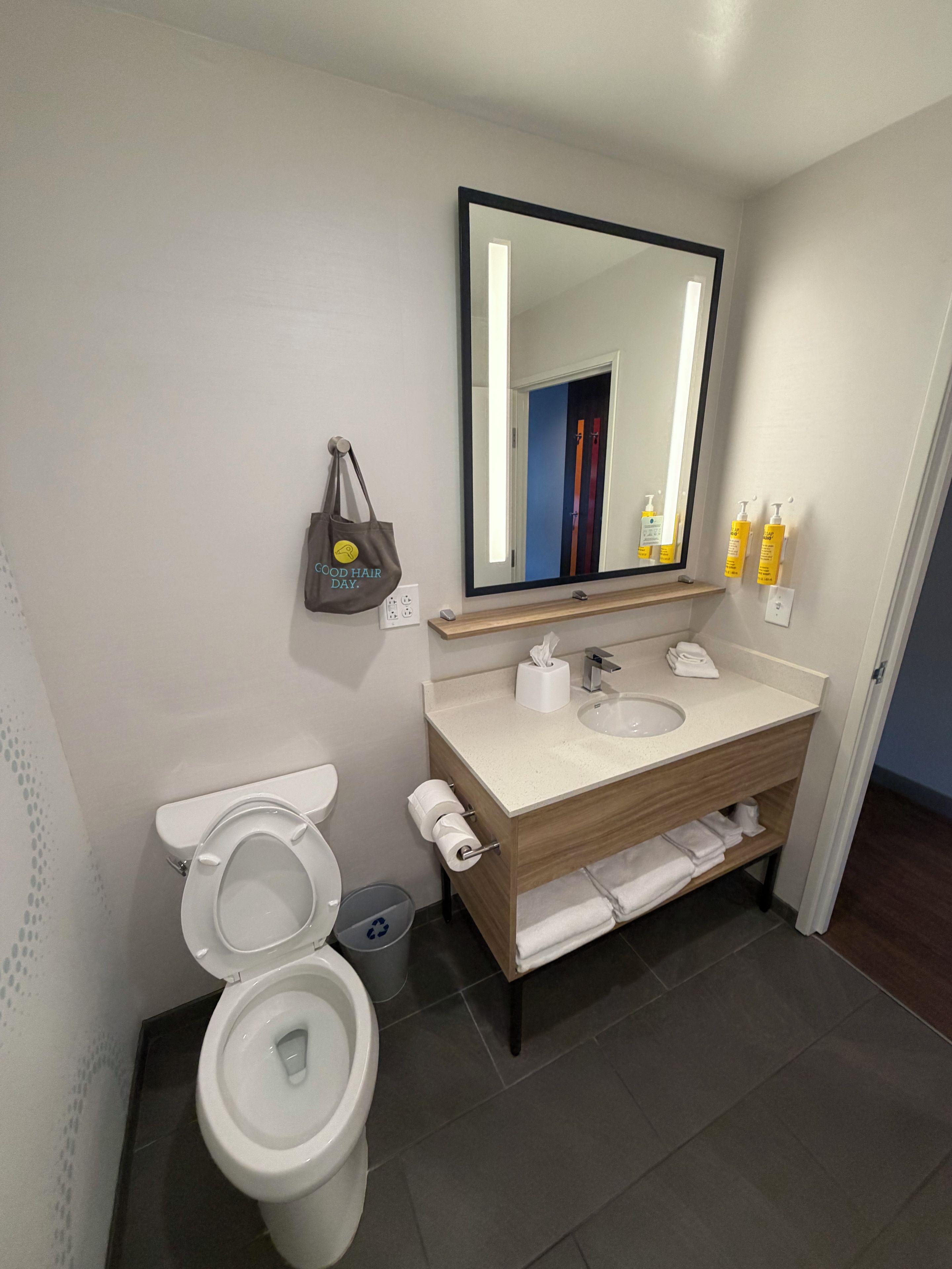 A bathroom with a toilet, sink, mirror, and towel rack.