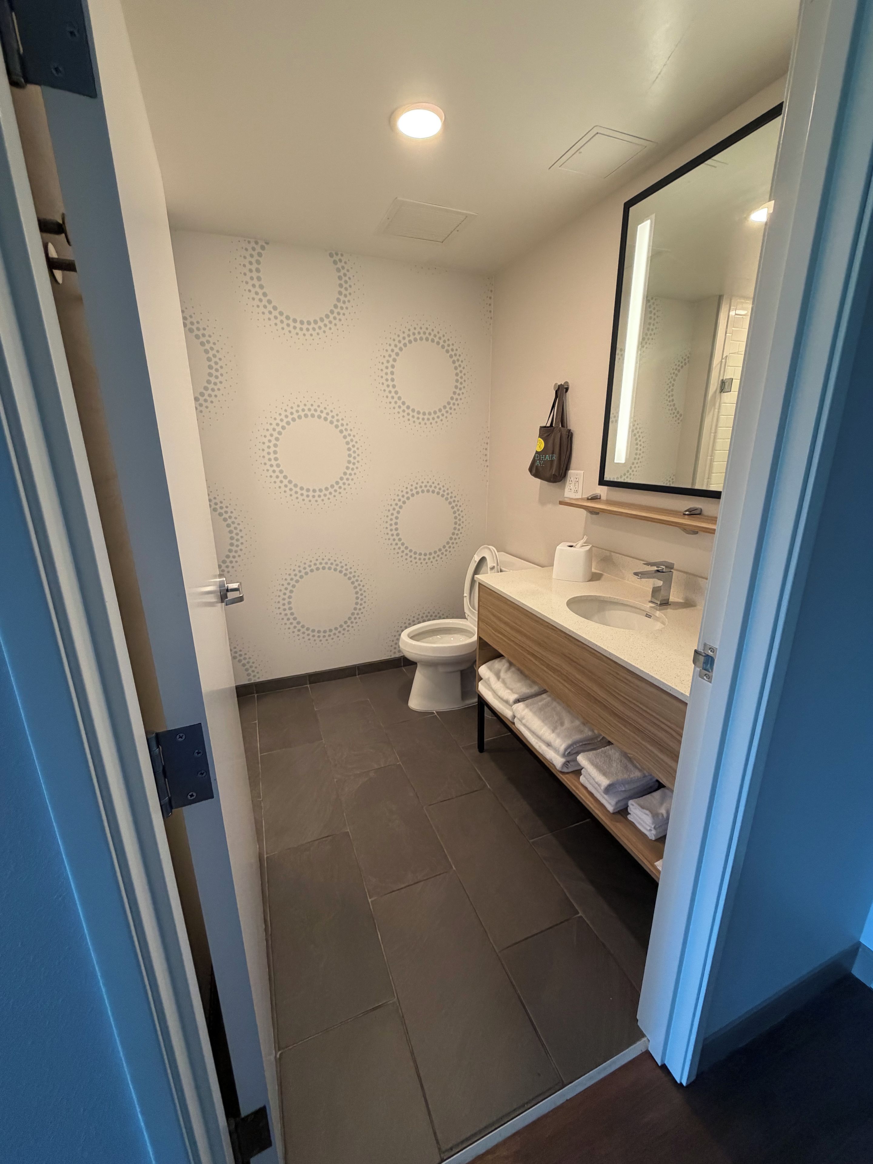 A bathroom with a toilet, sink, and mirror.