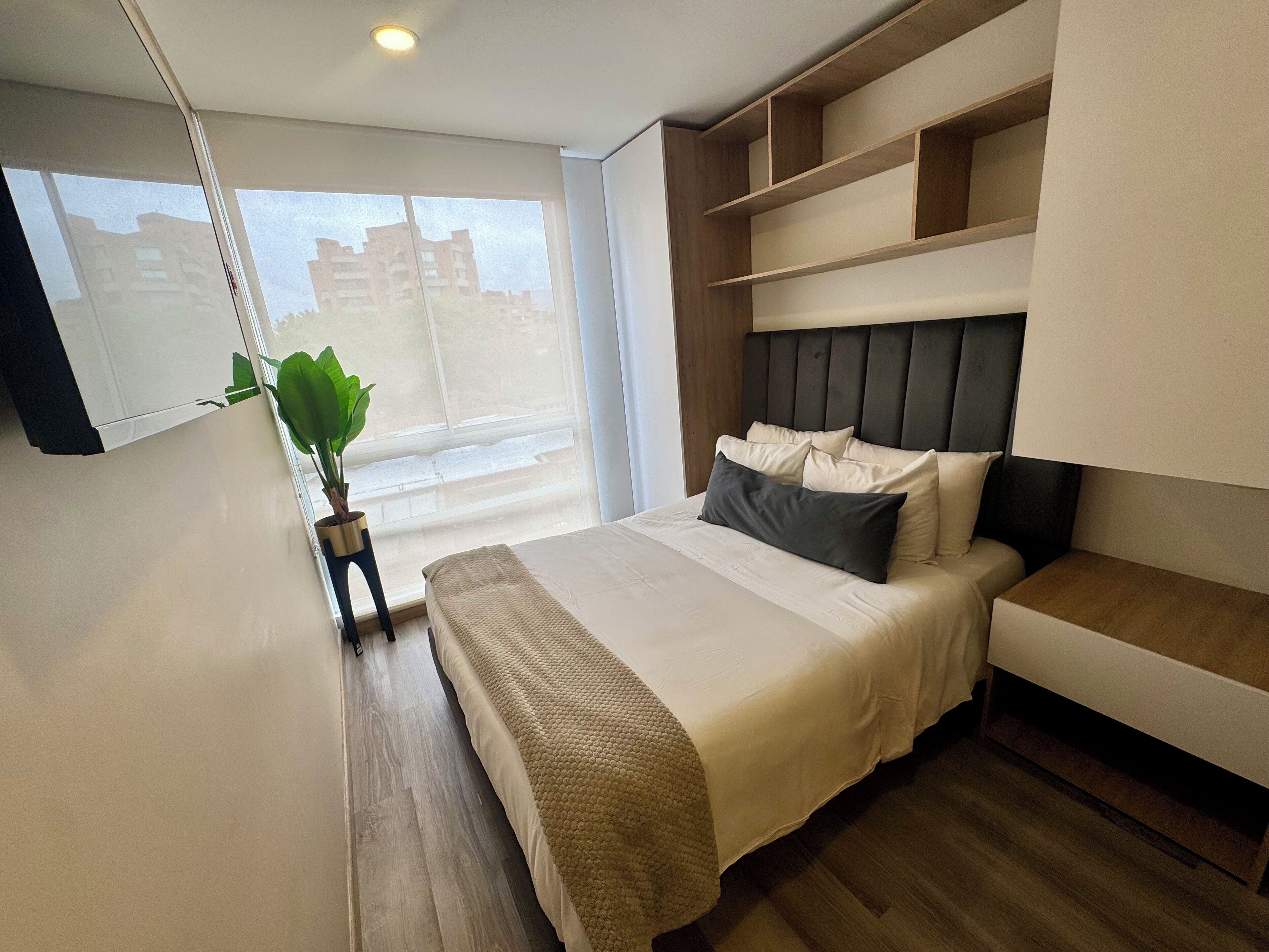 A modern bedroom with a bed, bedside tables, a large window, and a potted plant.
