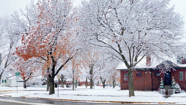 A snow-covered building with a brick facade, surrounded by trees with some leaves still visible. - Steps from University –  3BR, Sleeps 6, FirePit Backyard Concerts & GameDay (Missoula)