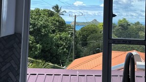 Ein Fenster mit Blick auf ein Gebäude mit roten Dächern, viel Grün und einen klaren, blauen Himmel.