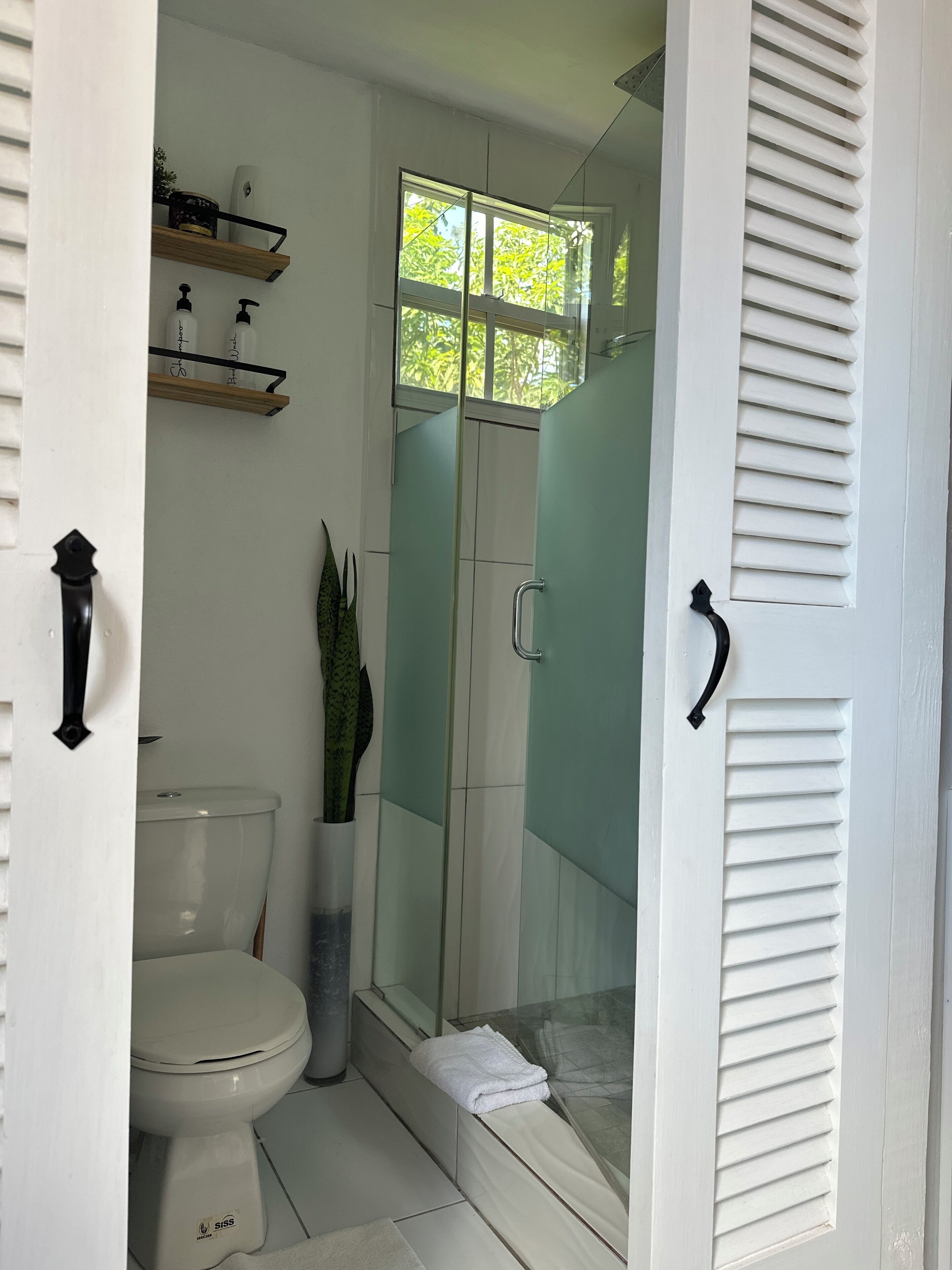 Hair dryer, towels, soap, toilet paper