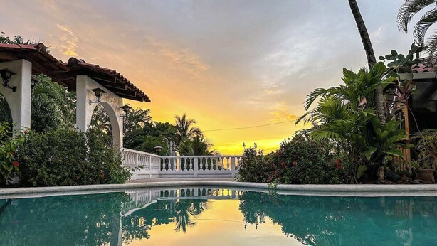 A pool with a reflection of a building and palm trees, surrounded by greenery.
