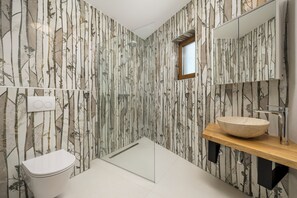 Shower, hair dryer, towels, toilet paper