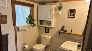 A compact bathroom with a toilet, sink, and a small shelf with a cactus. - 1 Bedroom Vacation Cottage in San Marcos/Wimberley, TX (San Marcos)