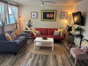 TV, DVD player, music library, video library