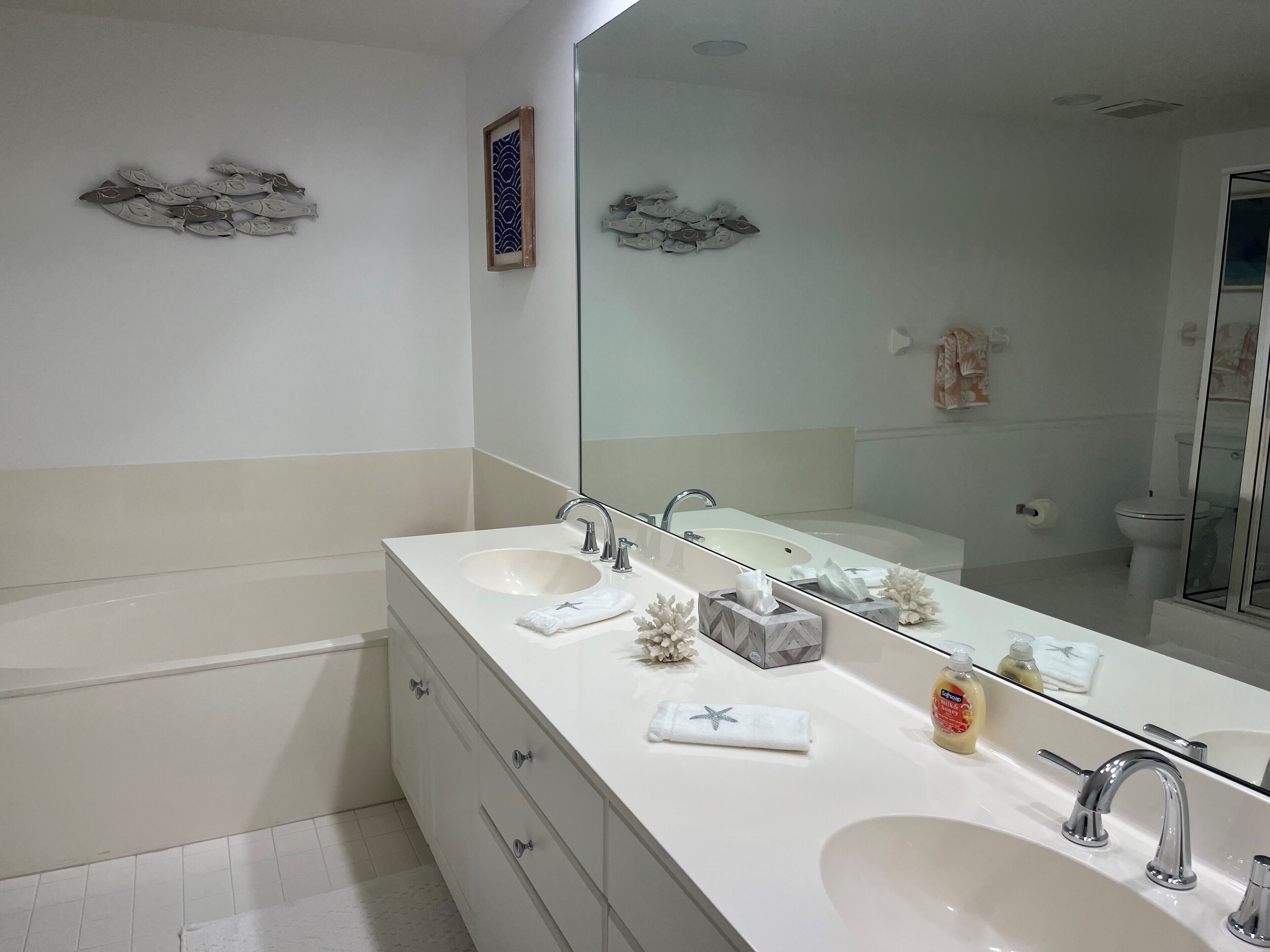 Hair dryer, towels, soap, toilet paper