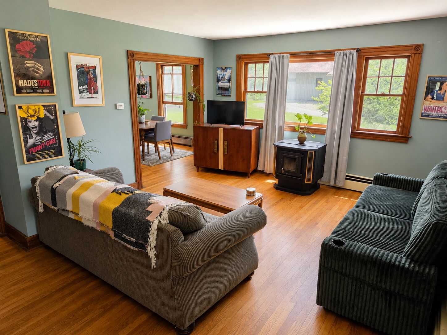 Smart TV, fireplace, books, music library