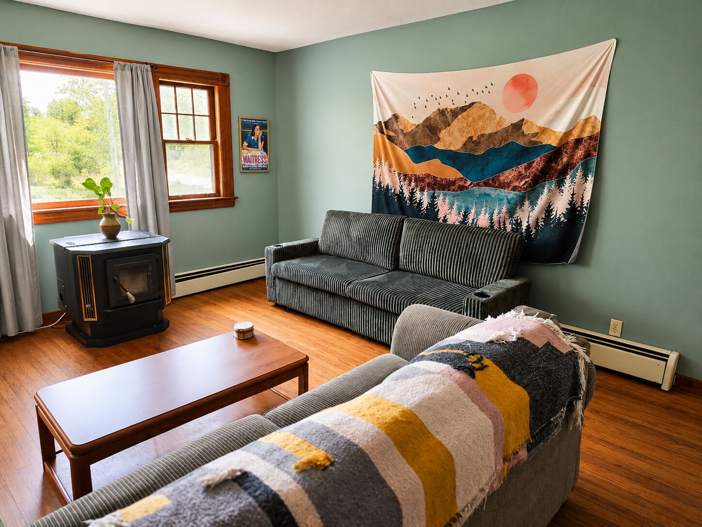 Smart TV, chimenea, libros y biblioteca musical 