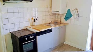 Een microgolfoven, een oven, een kookplaat, een vaatwasser