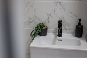 Ducha, secador de pelo, toallas, jabón