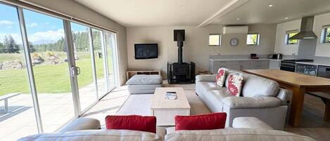 Televisión, chimenea, reproductor de DVD