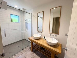 Hair dryer, towels, soap, shampoo