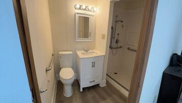 Shower, towels, soap, toilet paper