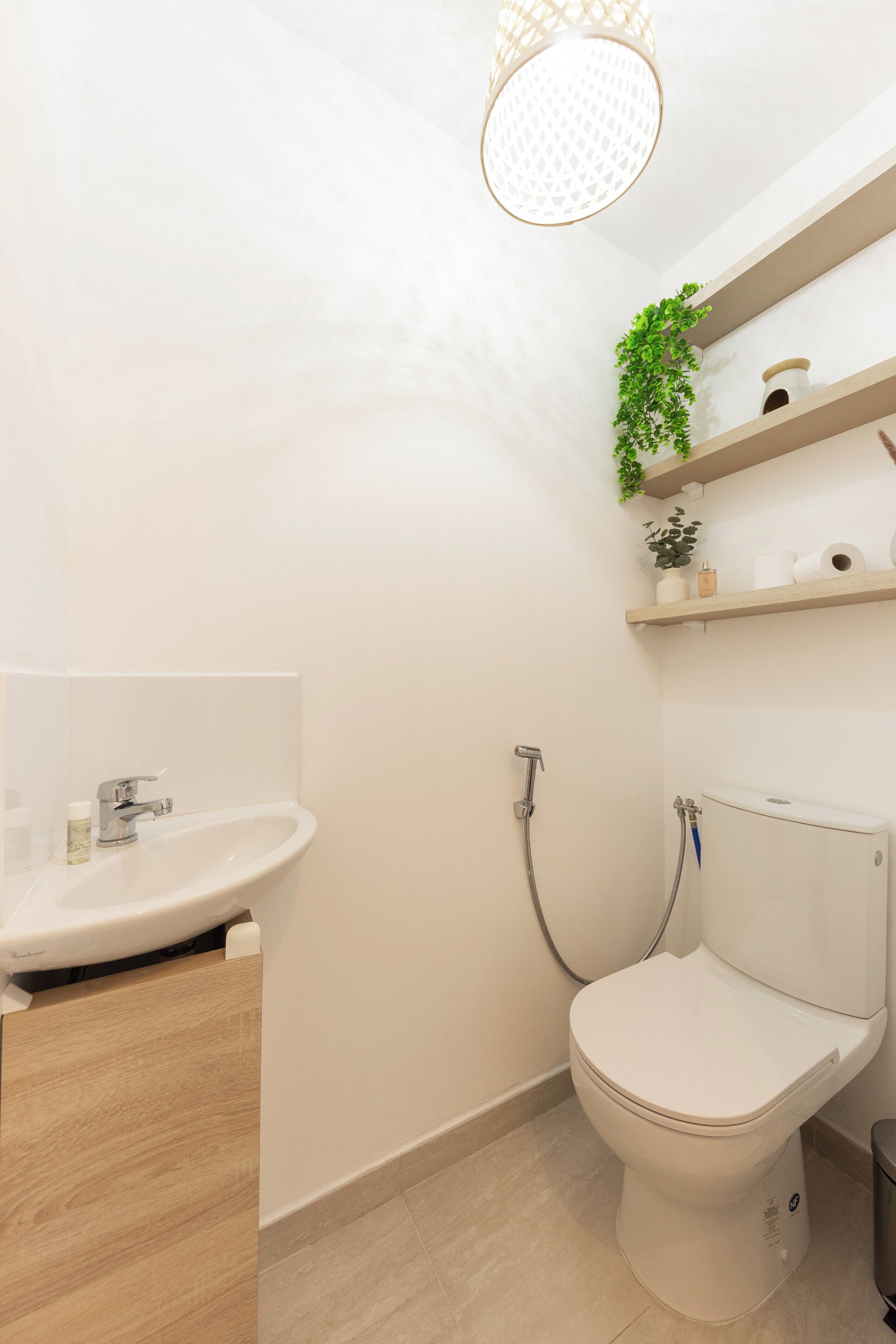 A modern bathroom with a white sink, toilet, and shower. There are wooden shelves above the toilet with toiletries and a small plant.