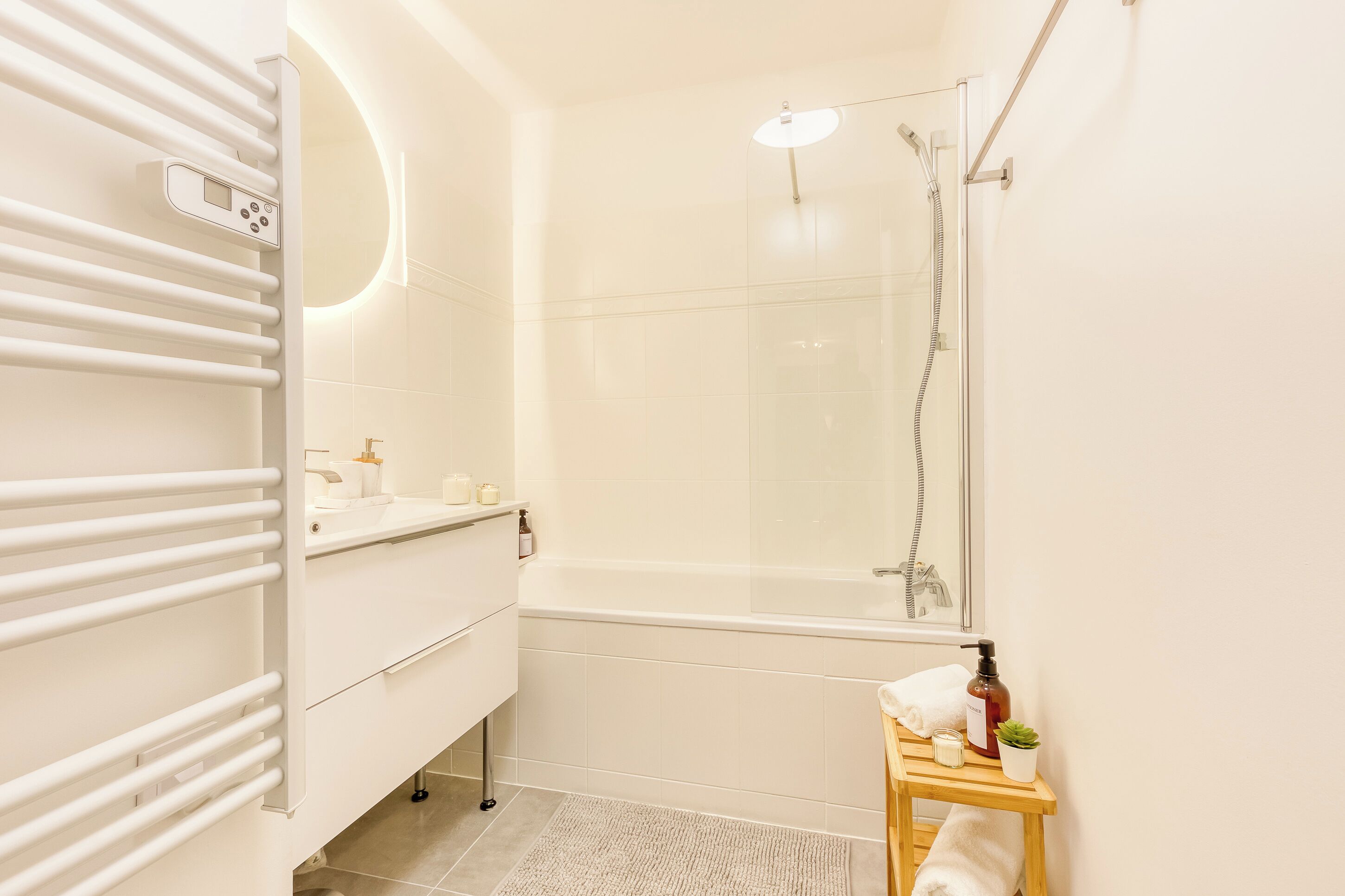 Hair dryer, towels, soap, shampoo