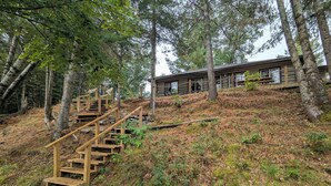 Un escalier en bois menant à un chalet situé dans une zone boisée.