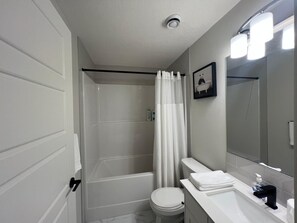 Hair dryer, towels, soap, shampoo