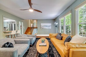 Smart TV, fireplace, video games, DVD player