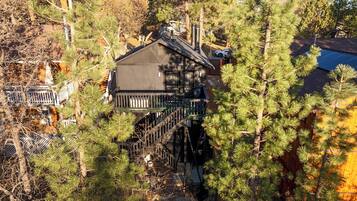 A two-story house with a deck and a chimney, surrounded by dense pine trees.