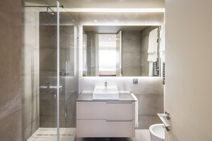 Shower, hair dryer, bidet, towels