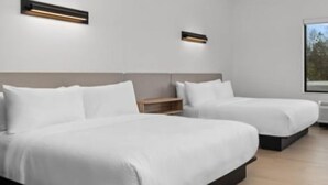 A modern hotel room with two beds, a bedside table, and a large window.