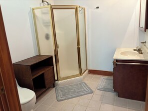 Jetted bath, hair dryer, bidet, towels