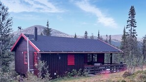 A rustic cabin with a red door, a chimney, and a porch. - 3 bedroom beautiful home in Tynset (Tynset)