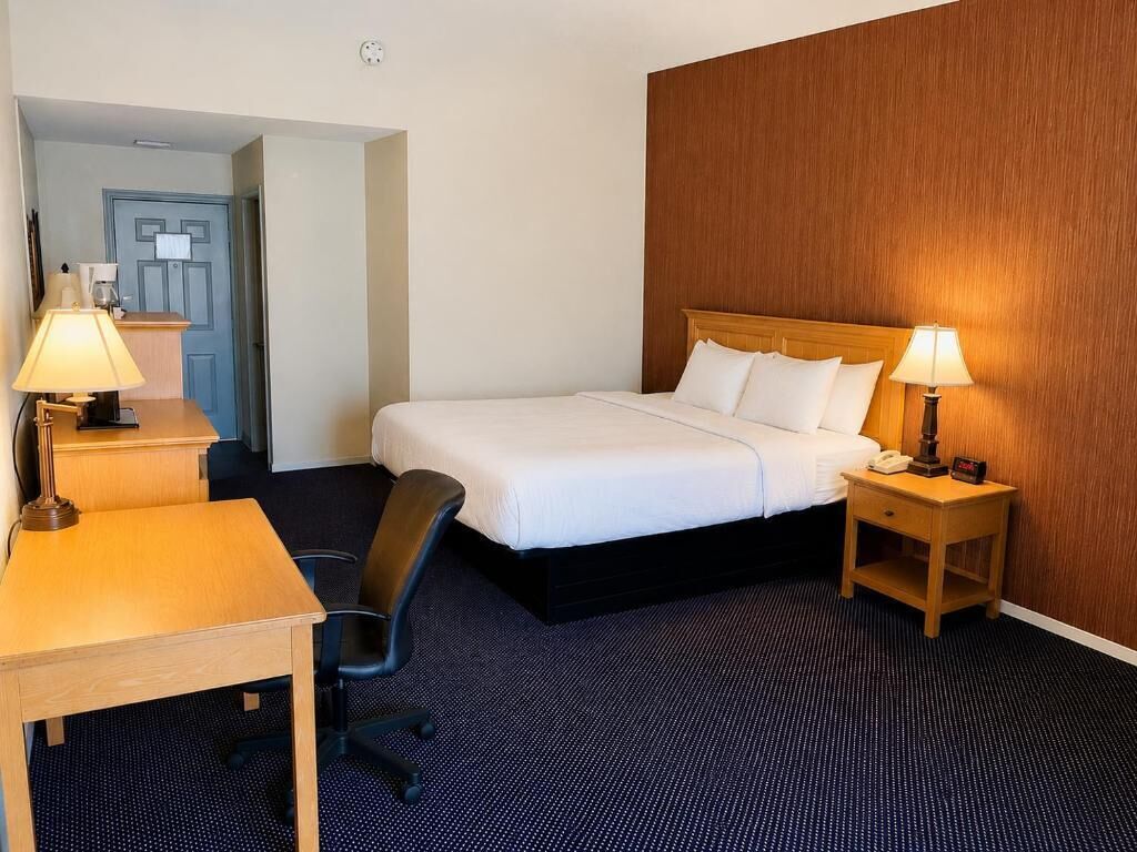 Una habitación de hotel con cama, escritorio, silla, mesitas de noche con lámparas y una pared decorativa de madera.