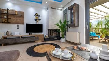 TV, fireplace