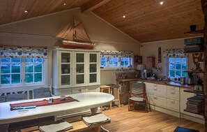 Fridge, stovetop, dishwasher, coffee/tea maker