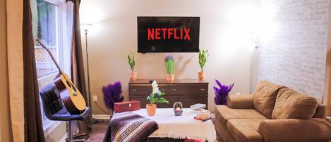 Smart TV, lareira, livros