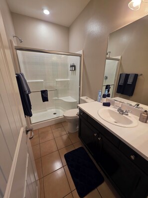 Hair dryer, towels, soap, toilet paper