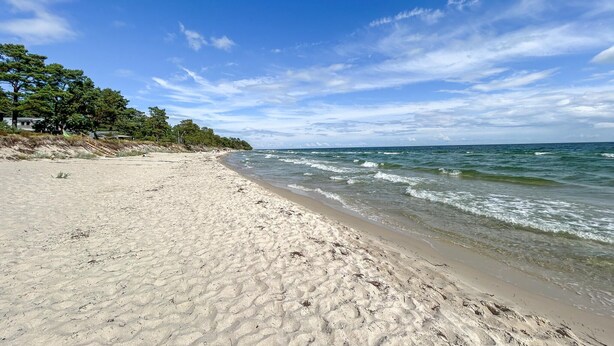 A sandy beach with gentle waves, a clear sky, and trees along the shore. - Cozy home in åhus with sauna (Åhus)