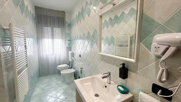 Hair dryer, bidet, towels, soap