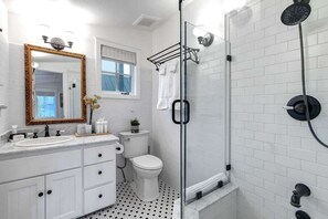 Shower, hair dryer, shampoo