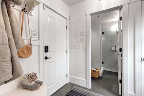 Shower, hair dryer, shampoo