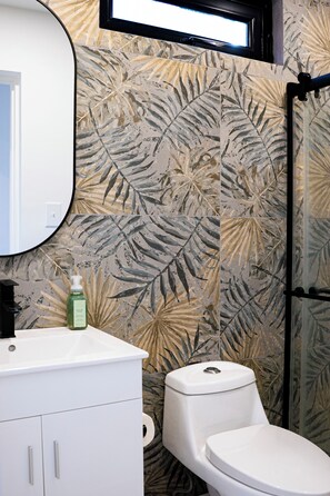 Hair dryer, towels, soap, toilet paper