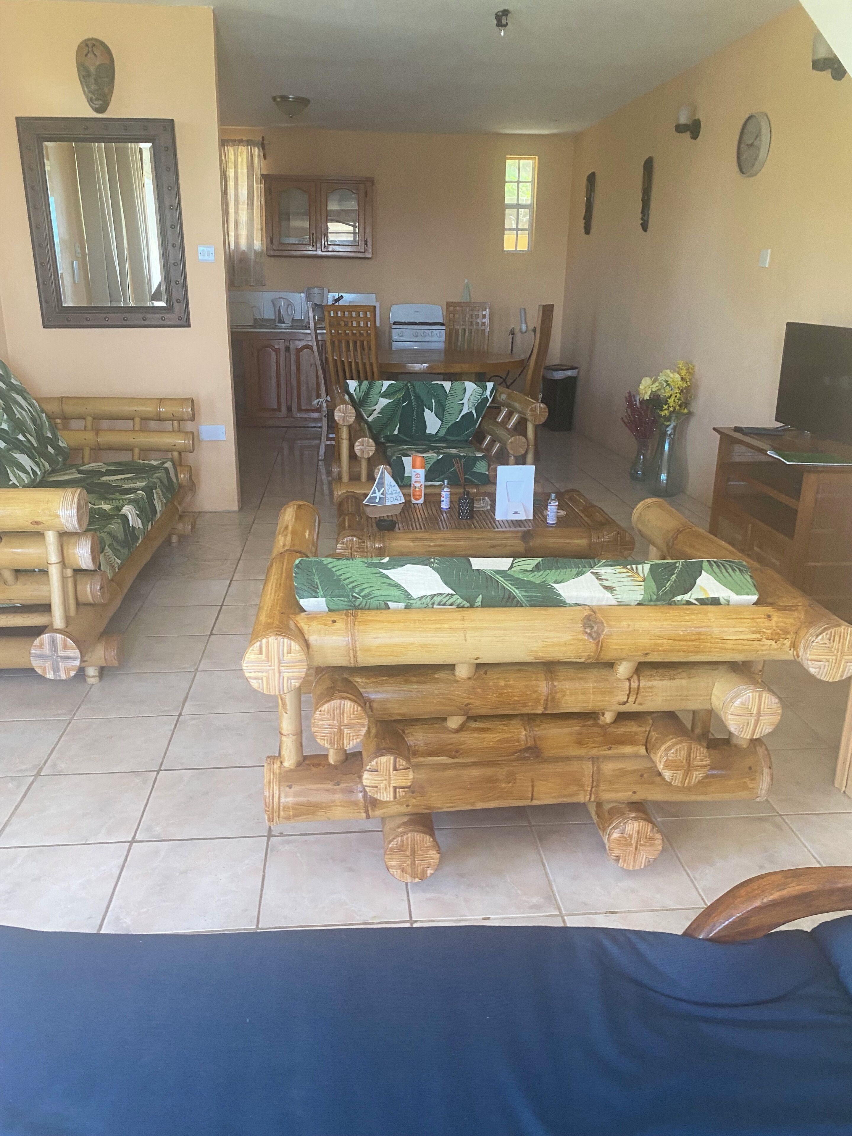 Un salon avec une table basse en bois placée au centre, un canapé orné d’un motif à feuilles vertes et un téléviseur situé à droite.