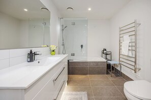 Hair dryer, towels, soap, toilet paper