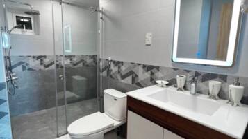 Shower, hair dryer, towels, soap