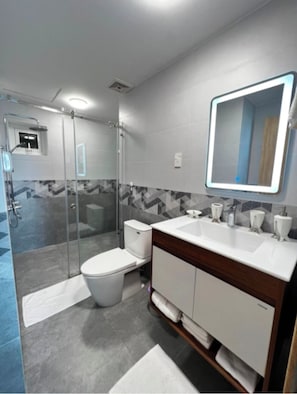 Shower, hair dryer, towels, soap