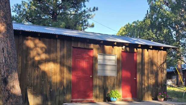 A wooden cabin with a red door and a window, surrounded by trees and a gravel driveway.