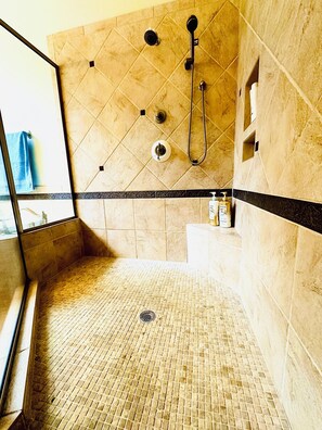 Jetted bath, hair dryer, towels, soap