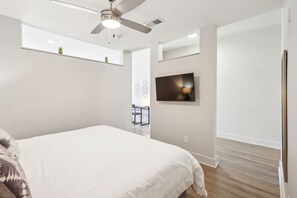 1 bedroom, desk, iron/ironing board, travel cot