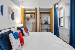 1 bedroom, desk, iron/ironing board, travel cot