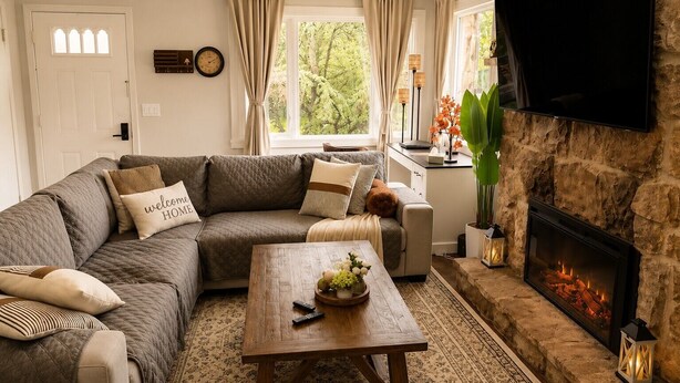 Ein gemütliches Wohnzimmer mit einer Eckcouch, einem Couchtisch mit Obstschale, einem Kamin und einem an einer Steinwand befestigten Fernseher.